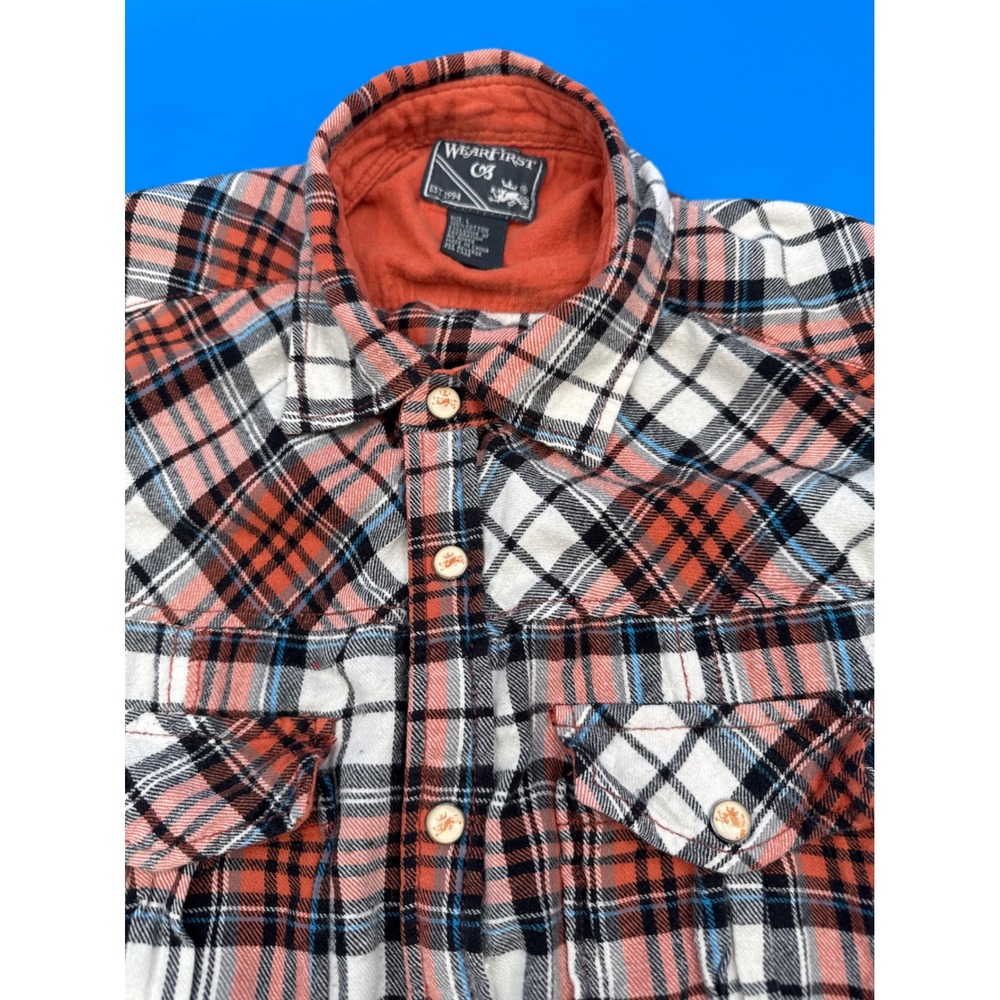 Wear First Flannel‎ Shirt Mens Long Sleeve Plaid Button Up Orange White Black